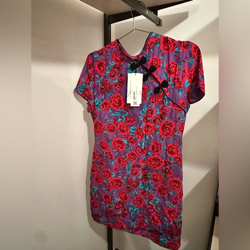 Zara Red and Purple Asymmetrical Blouse with Mandarin Collar